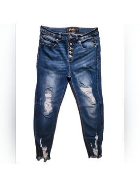 Indigo Rein Distressed Jeans Button Fly Medium Wash High Rise Raw Hem Stretch